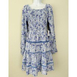NWT Japna blue floral long sleeve square neck smocked long sleeve dress L